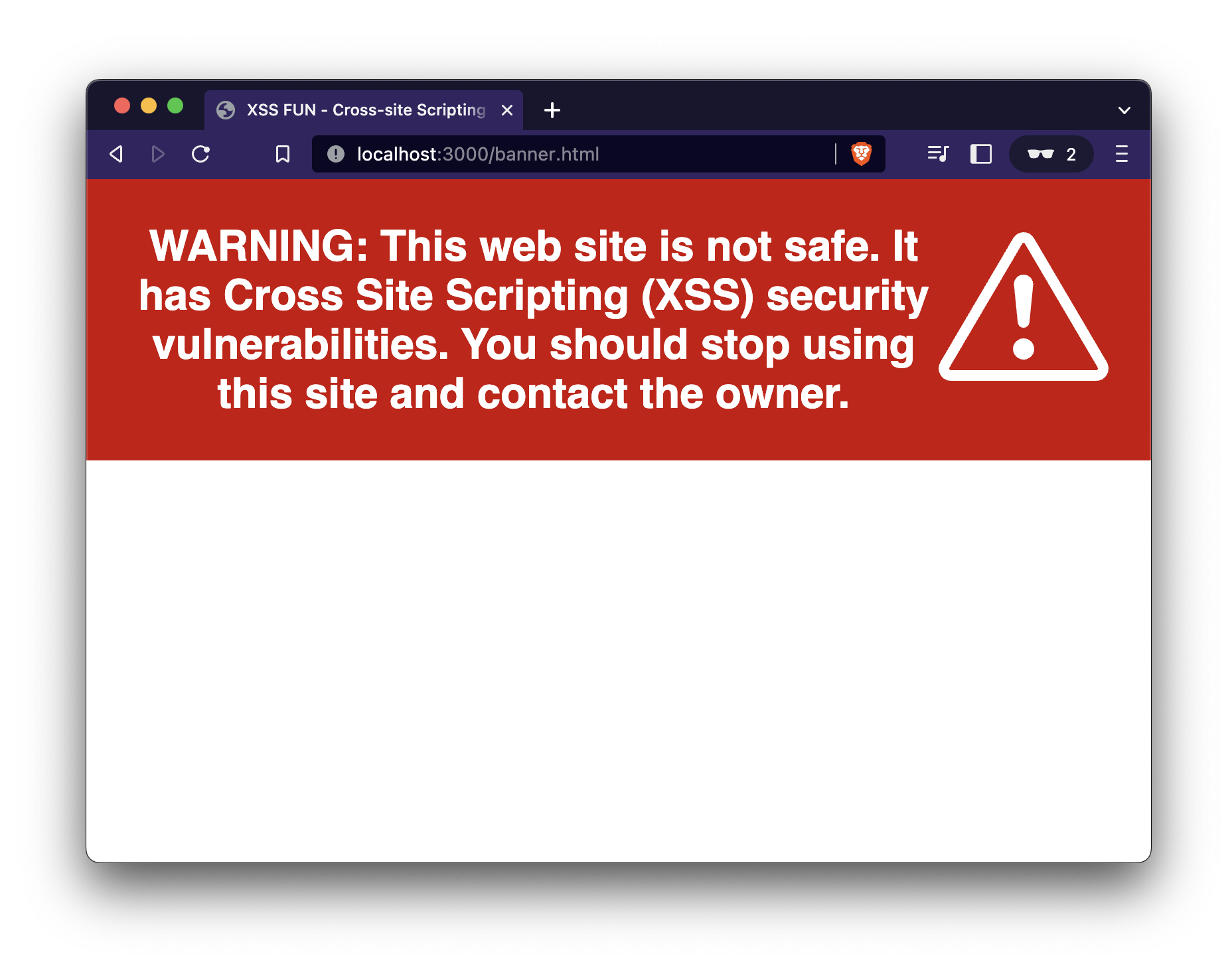 Screen shot of the warning banner in use on a browser