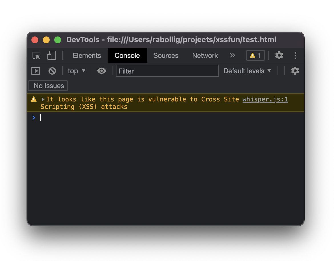 Browser console showing a XSS warning